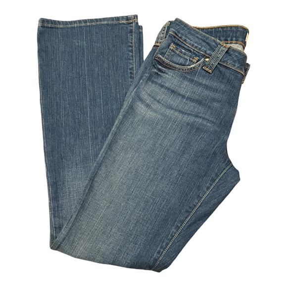 GAP Curvy Low Rise blue wide leg jeans yellow & orange stitching size 30" Waist - Picture 13 of 14